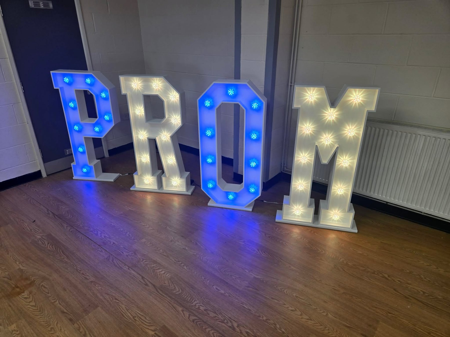 Blue and white light-up PROM letters